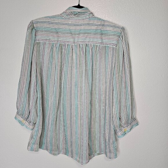 Vintage TJW By Mervyns Striped Button Up Blouse Balloon Sleeve Built in Scarf - Picture 6 of 8